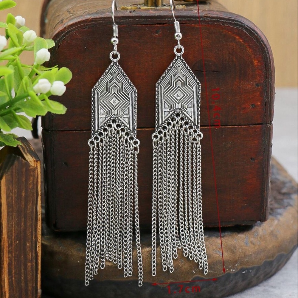 Antiqued Silver Boho Tassel Earrings - Picture 3 of 4
